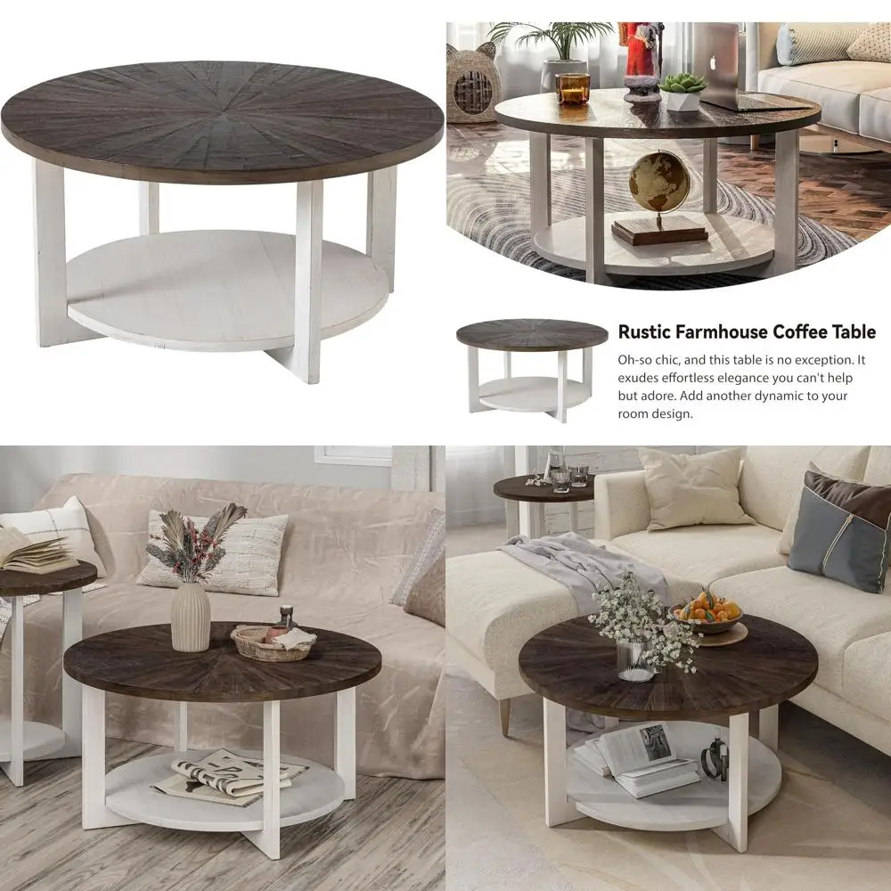 

Rustic Farmhouse Style Coffee Table with Storage, Distressed Wood, Large Round Brown 32x32x19.5