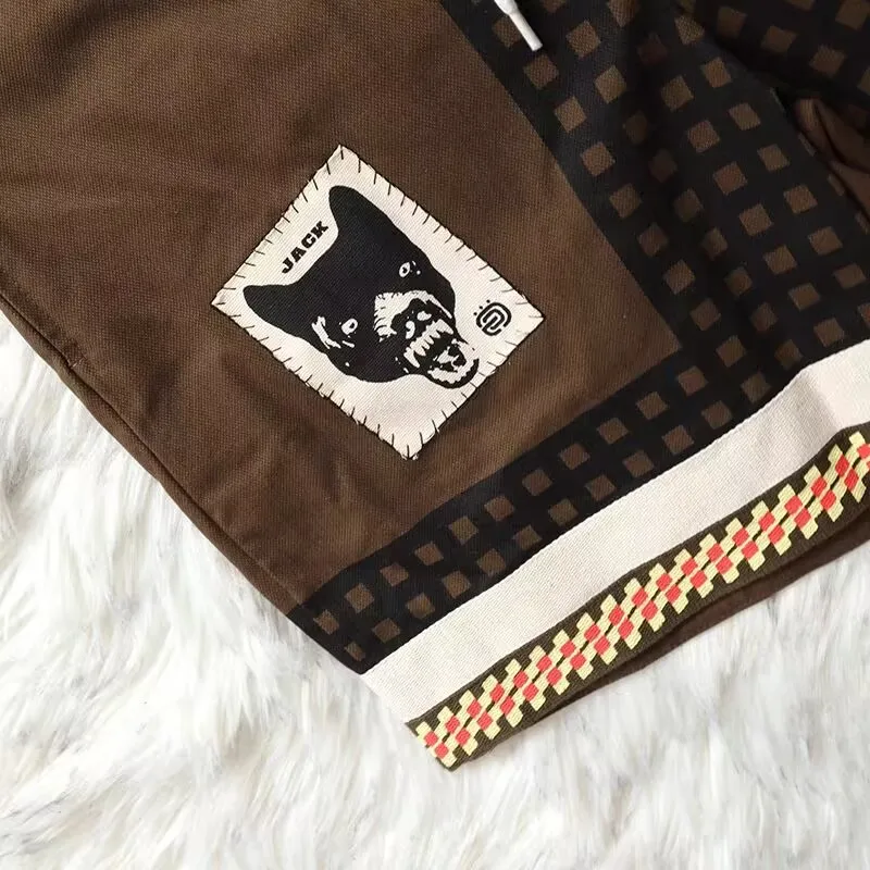 Kanye West Checkered Shorts Wolf-head Patch Panel Drawcord Plaid Men\'s Cartoon Sports Shorts Streetwear Urban Shorts for Male