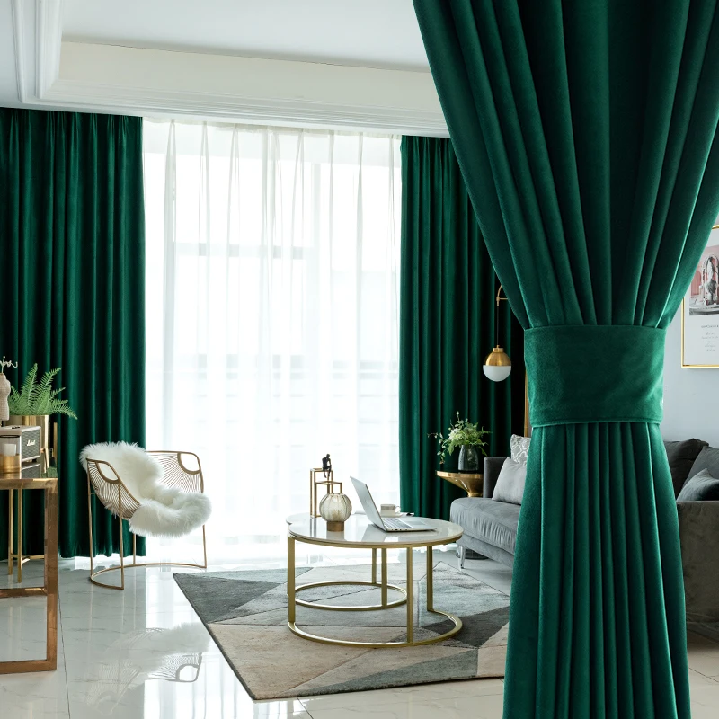 New Retro Dark Green Velvet Curtains for Bedroom Living Room French Window Stage Decoration Finished Partition Curtain