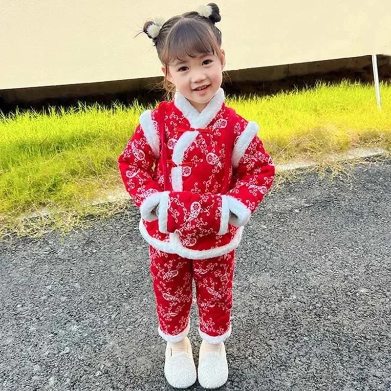 

Warm Baby Coat Pants Set Traditional Chinese New Year Clothes for Kids Cute Thicken Girl Suit Costume Children Flower Boy Outfit