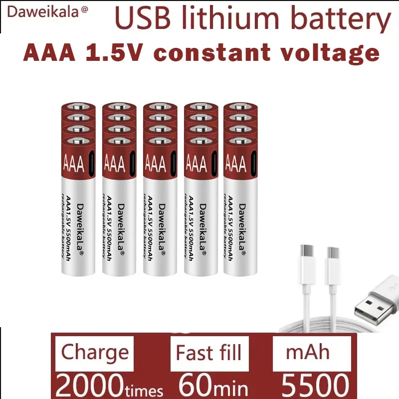 2024New USB AAA Rechargeable Batteries 1.5V 5500 mAh li-ion battery for remote control mouseElectric toy battery + Type-C Cable