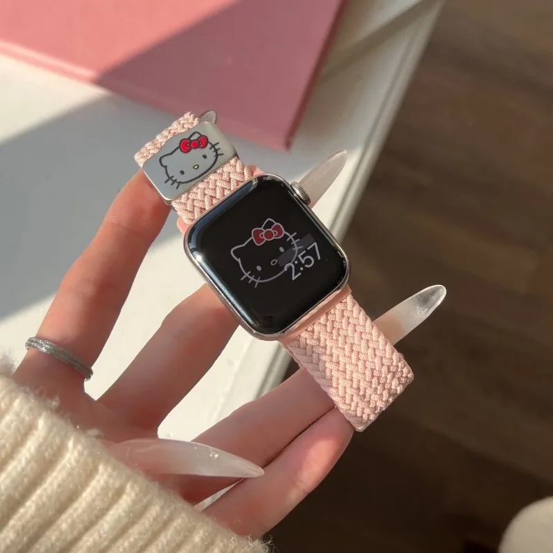 산리오 헬로 키티 애플 워치 밴드용 마그네틱 스트랩, 아이워치 시리즈 울트라 9 용 나일론 직조 스포츠 팔찌, 45mm, 38mm, 49mm, 40mm