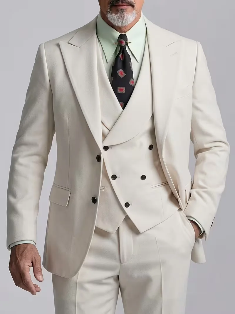 

Luxury Off White 3 Pieces Suit Shawl Lapel Double Breasted Waistcoat Groom Wedding Formal Jacket Pants Set
