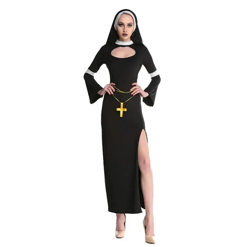 Disfraz de monja negra Sexy para mujer, disfraz de Pascua, Halloween, iglesia, hermana, disfraz de fiesta elegante, vestido de Cosplay para actuación en escenario