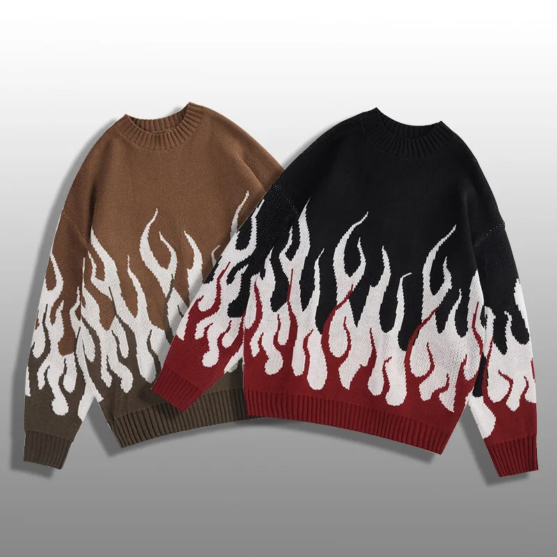 2024 Herbst New American Street trend ige Persönlichkeit Flammen garn Weben Rundhals ausschnitt lose Strick hemd Herren trend ige Marke Pullover