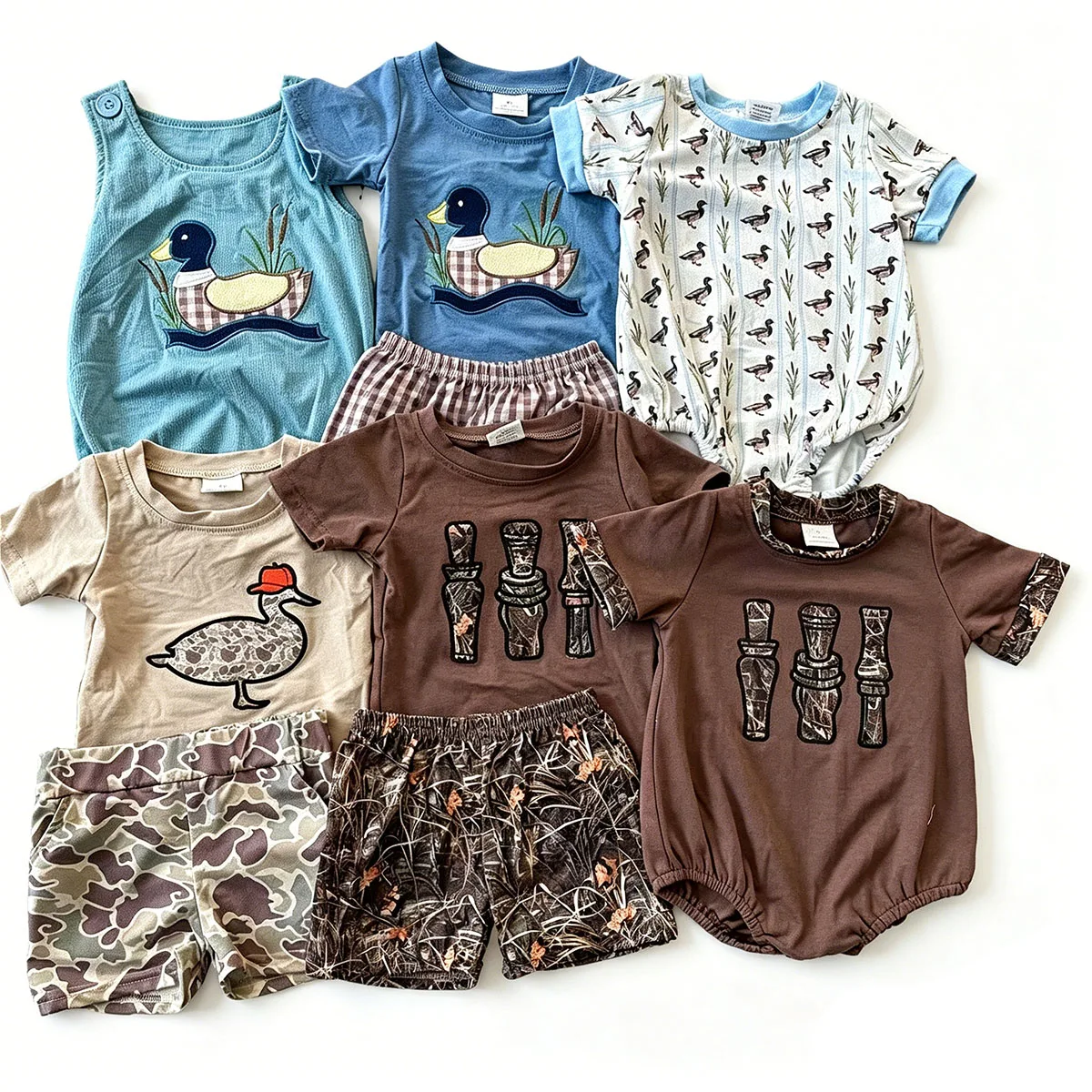 Wholesale Summer Baby Boys Khaki Camo Duck Sibling Brother Infant Toddler Clothes Sets Newborn Rompers Kids Clothing Matching