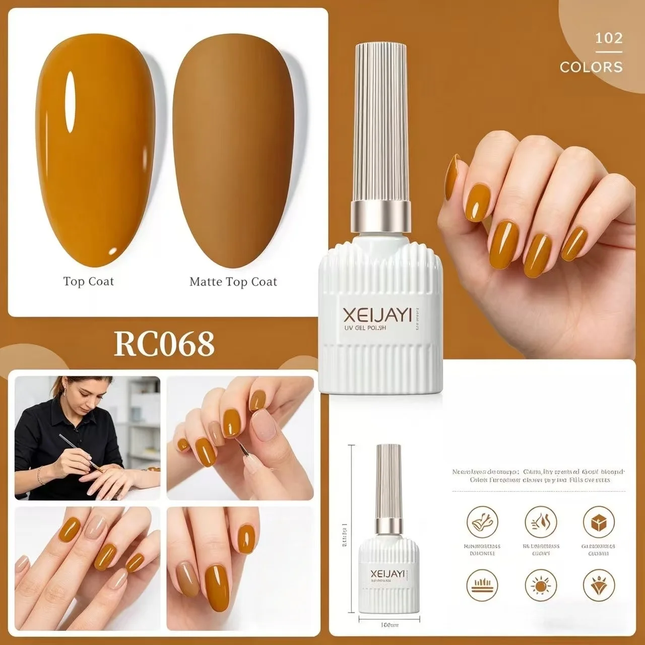 XEIJAYI UV-Gel Nagellack Karamellbraun Glänzender & Matter Finish Hochpigmentiert Abziehbarer Nagellack DIY Salon Geschenk für Frauen