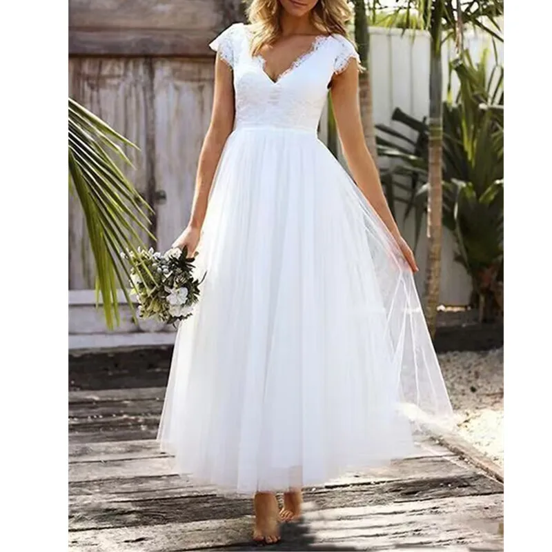 

Beach V-Neck Lace Wedding Dresses Sleeveless Vestidos De Novia Robe De Mariée Engagement Custom-Made