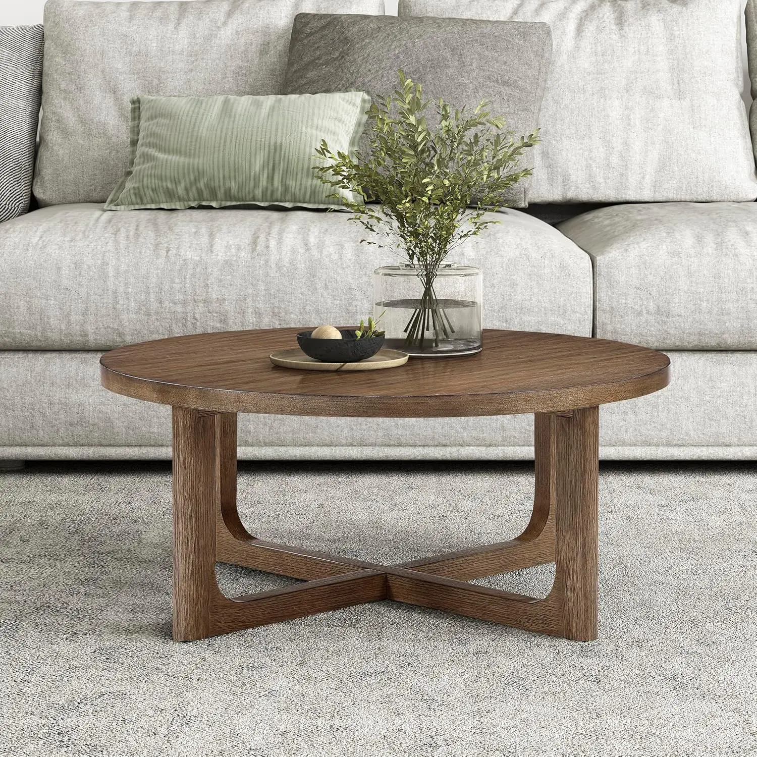 Coffee Table - Walnut Veneer WoodLivingRoomTablewithSturdyGeometric BaseEasy Assembly for Living Room/Lounge/Office/Waiting Area