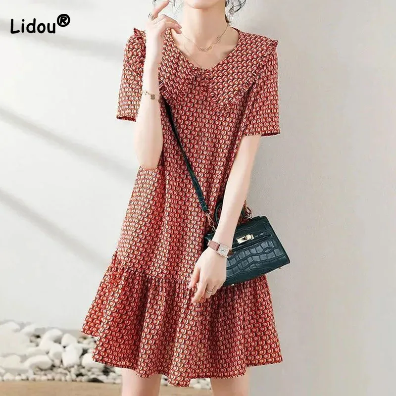 Korean Fashion Peter Pan Collar Printed Ruffles Dresses Summer Women's Clothing Elegant Casual Short Sleeve Loose Dress Female