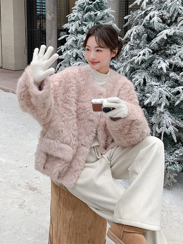 핑크 방수 양털 자켓 여성용 가을 겨울 따뜻한 캐주얼 루즈핏 롱 슬리브 라운드 넥 코트