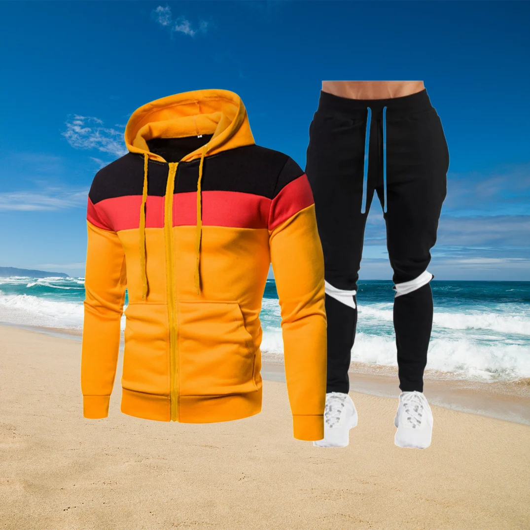 

Spring and Autumn Fashion Style Men's Hooded Sports Jacket Set, Zippered Patchwork Color Design for Teenage Casual Sports Wear