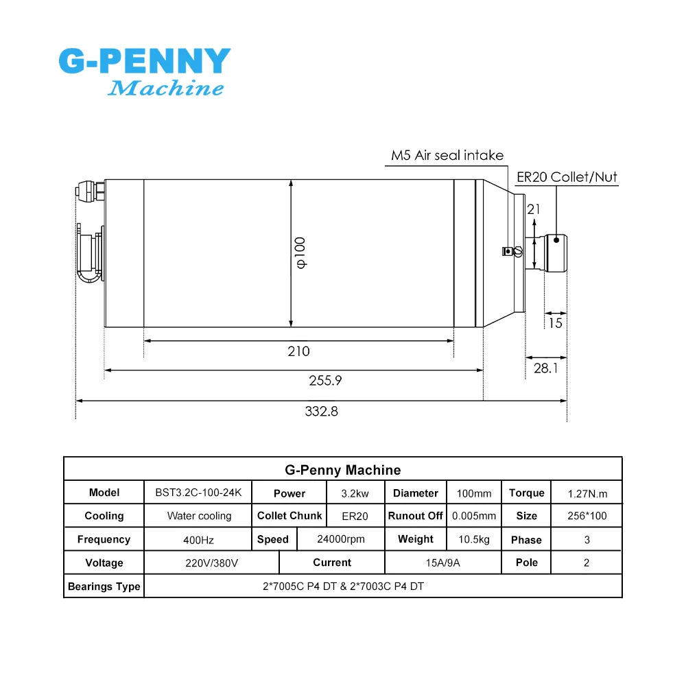 G-penny 3.2kw ER20 Granite Working Spindle Motor Water Cooling Gas Nozzle Bullet Type 220v /380v  4pcs Ceramic Ball Bearings