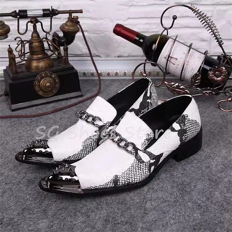 Men's Casual Shoes Genuine Leather Chain Buckle Loafers Mixed Color Snakeskin Pattern Male Outdoor Driving Flats Leather Shoes