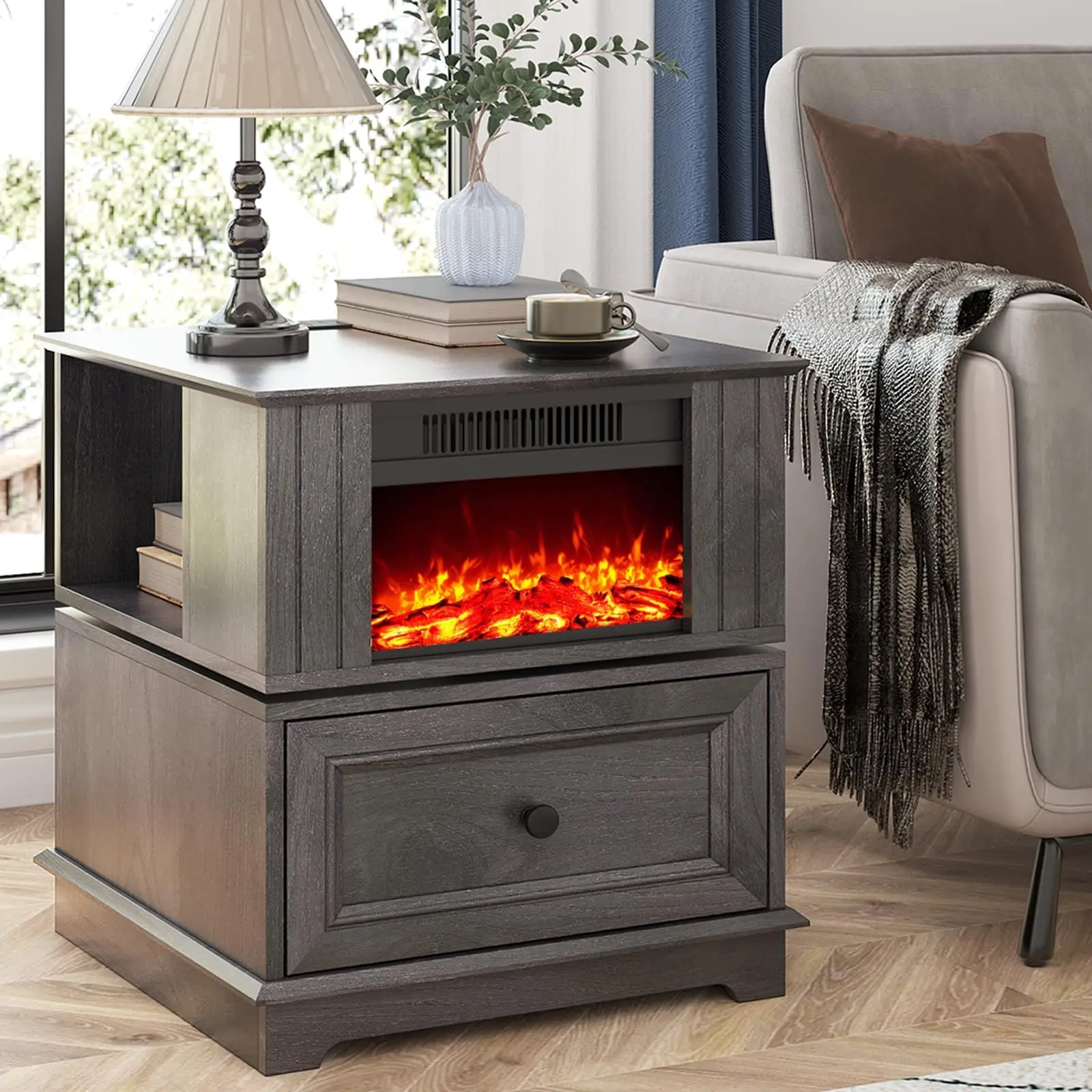 Rotatable Electric Fireplace Heater, 1400W Indoor Electric Stove Heater, 4800BTU Fireplace Stove, 3D Flame Effect, CSA