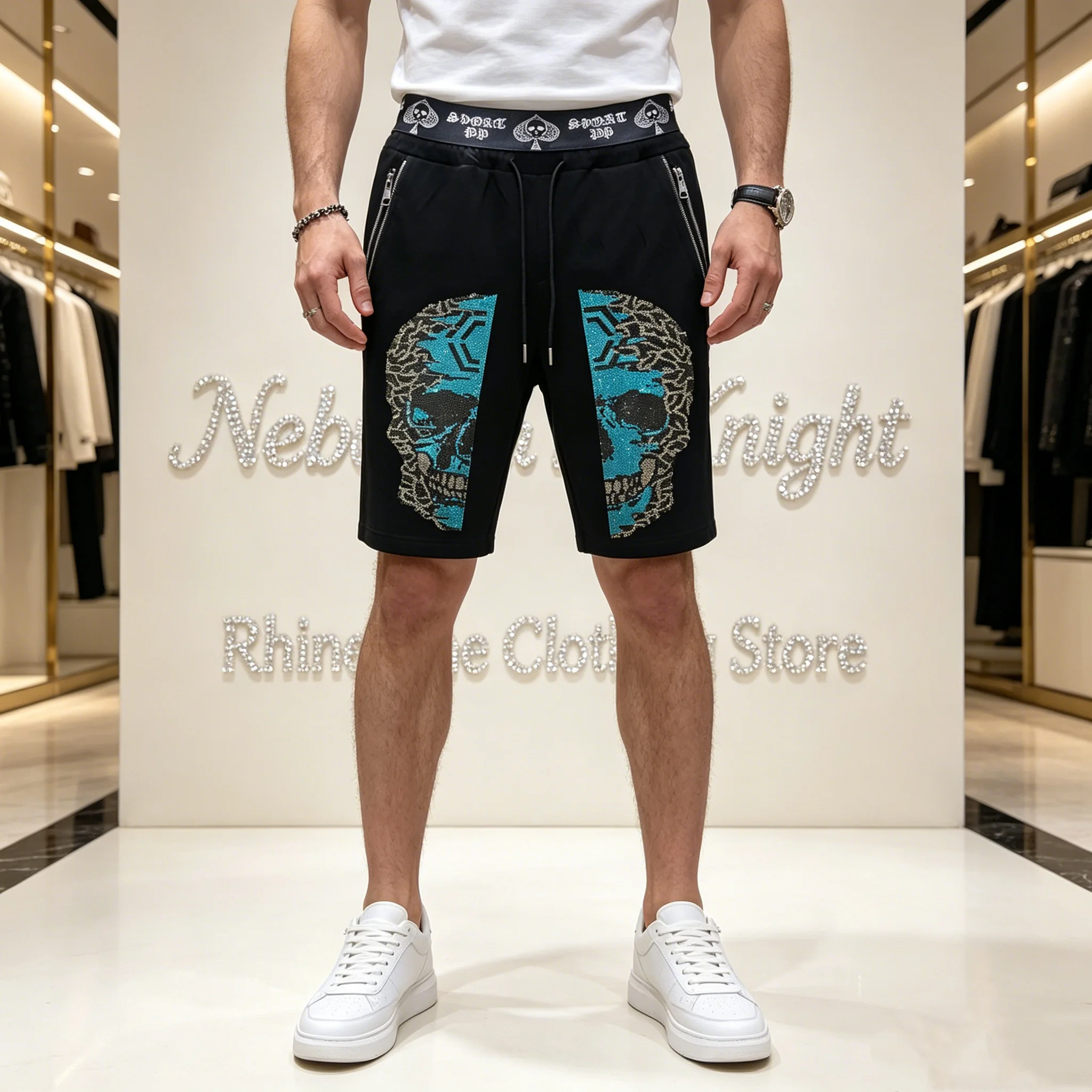 Summer Vacation European Men Rhinestone Sports Shorts Drawstring Waist Zipper Pocket Casual Surfing Running Shorts