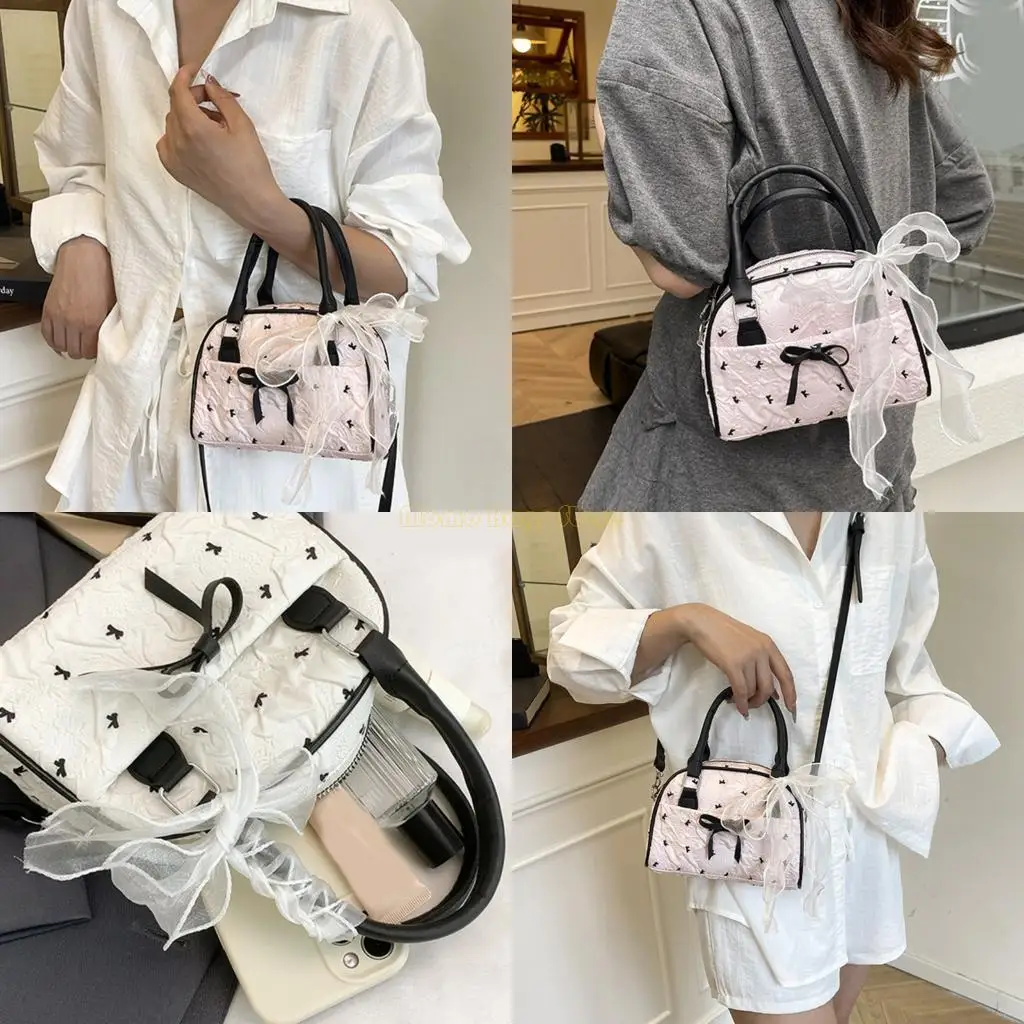 

X90D Trendy Ribbon Bows Detachable Strap Small Shoulder Purse Roomy Interior Crossbody Bag For Phone Keys Cosmetics