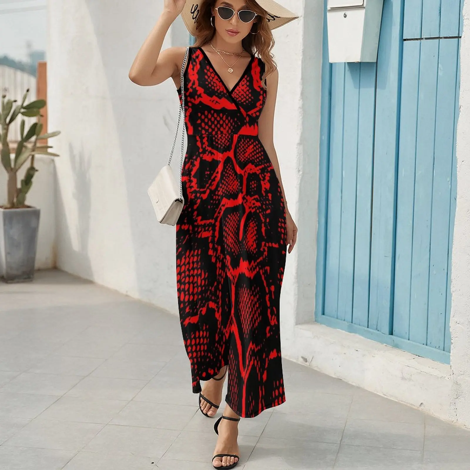 Snakeskin Dress Summer Black and Red Python Street Style Bohemia Long Dresses Women High Waist Custom Beach Maxi Dress