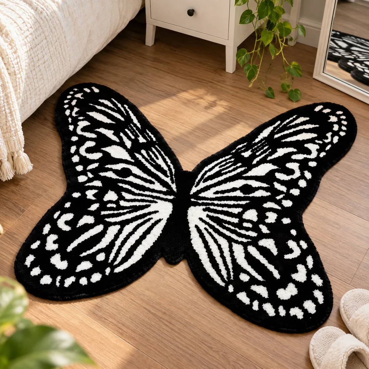 100x120cm Butterfly Rug Black White Plush Floor Mat Bedroom Living Room Bedside Chair Cloakroom Cute Shaped Area Rug Home Decor