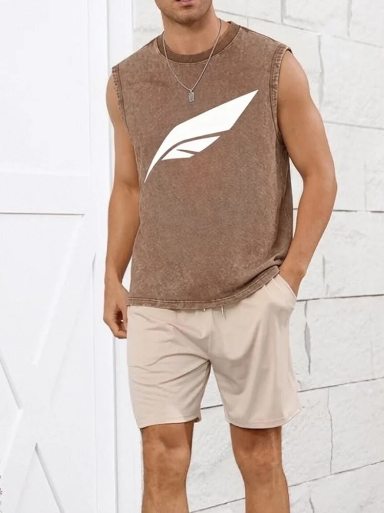 Men Acid‑Wash Tank Top Vintage Sleeveless Wing Feather Geometric Graphic Print Crew Neck Loose‑Fit Gym Workout Muscle Vests