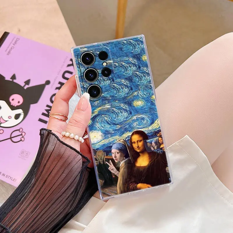 Cat Van Gogh Starry Night Oil Painting Phone Case For Samsung Galaxy S24 S23 Ultra S22 S20 Plus S21 FE Clear Cases Cover Fundas