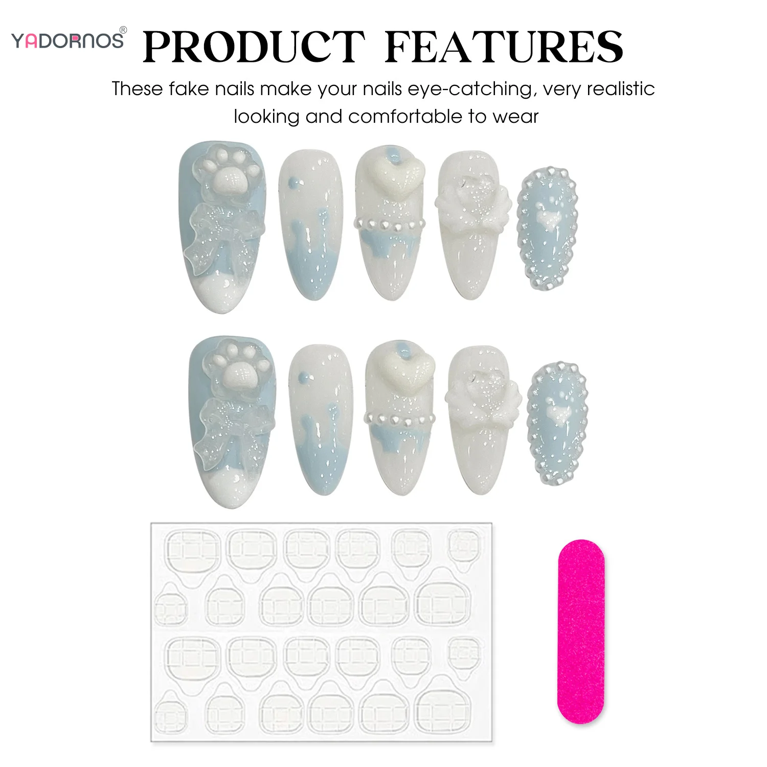 Uñas postizas hechas a mano para mujer, diseño de corazón de amor, dulce lazo azul, manicura usable, puntas