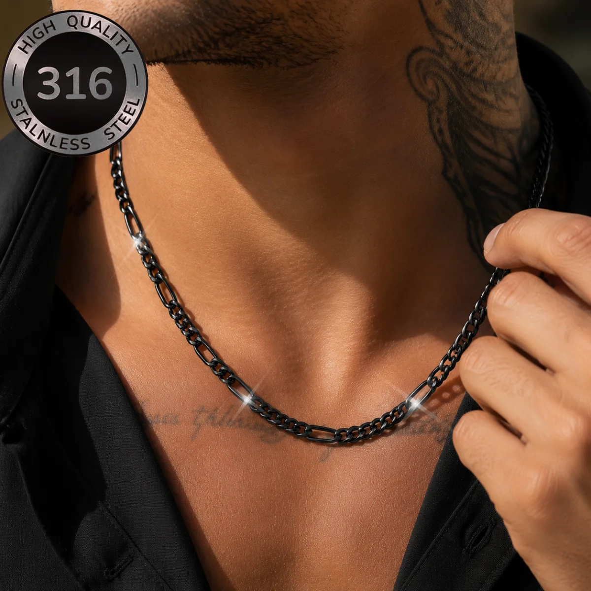 Neo-gotische schwarze Figaro-Kettenhalskette für Männer und Frauen, 6 mm breite kubanische Gliederkette aus Edelstahl, lichtbeständiger Punk-Schmuck
