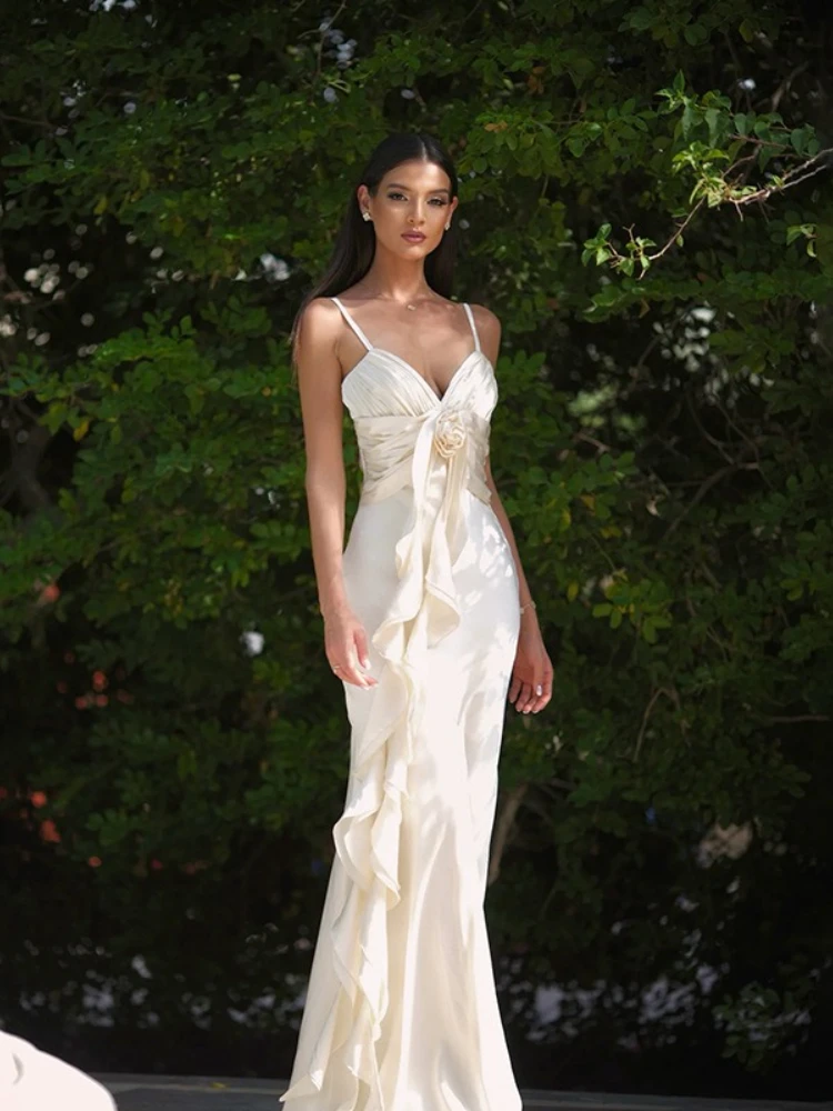 Robe en Satin à bretelles, Sexy, décolleté en v profond, élégante, ruban Floral, moulante, tenue de soirée, Clubwear, Maxi, robe de mariage pour femmes