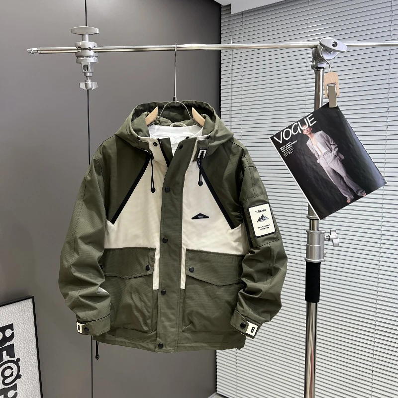 

Новая весенне-осенняя мужская куртка с капюшоном, куртка с цветными блоками, повседневная свободная универсальная рабочая куртка, молодежный тренд