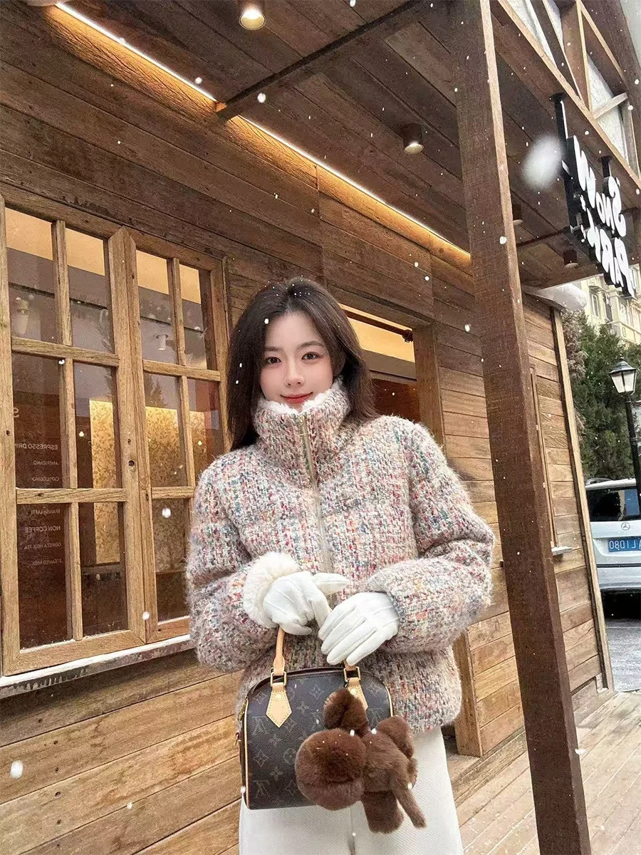 

Warmth Rainbow Weave down Jacket Cozy White Fur Collar Luxury Style Women's Outerwear Long Sleeve Zipper Closure Casual Wear