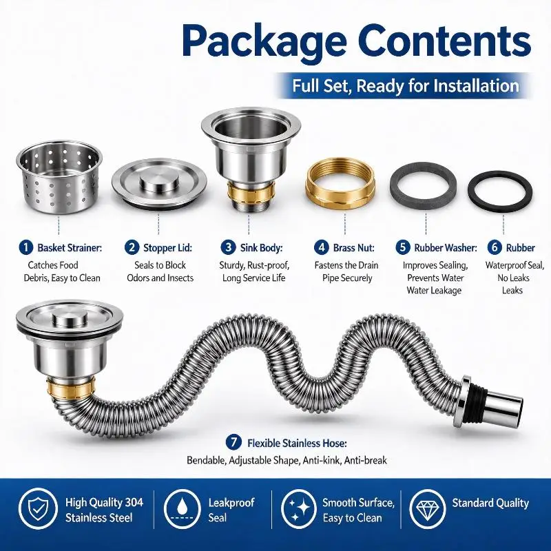 Complete Kitchen Sink Drain And Strainer Set – High-temperature Resistant, Odor-blocking, And Pest-proof.