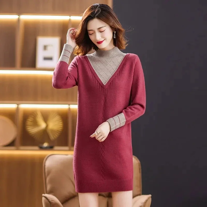 Langer Pullover im Herbst Winter Damenmode lose Pullover Kleid Damen gefälschte zweiteilige halbhohe Hals gestrickte Bottom ing Shirt