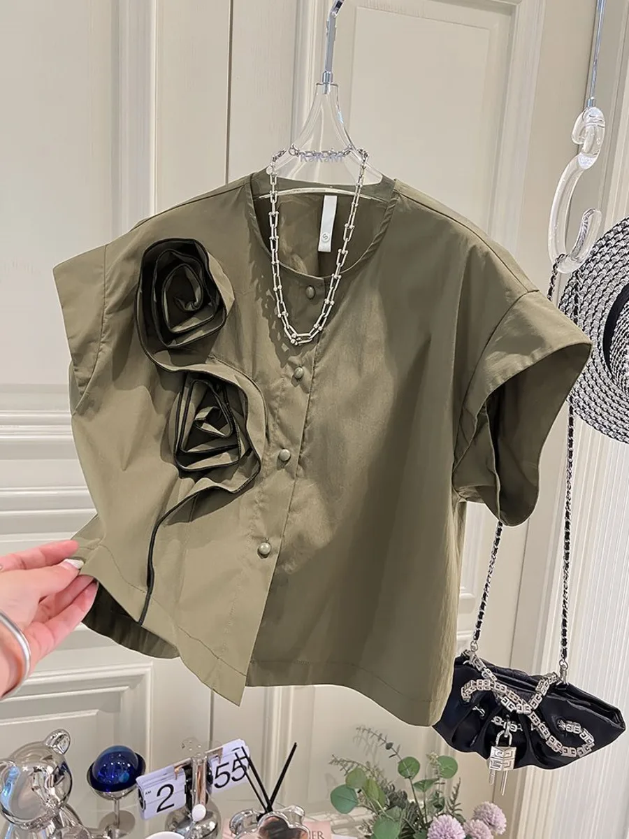 

Chic French 3D Flower Blouse Women Short Sleeve O-neck Shirt 2024 Summer Causal Korean Blusas Camisas De Mujer