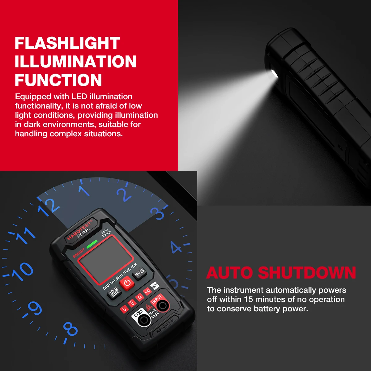 HABOTEST HT109L Digital Multimeter 600V DC AC Voltage Tester NCV Resistance Continuity Tester Smart Auto Range Multitester