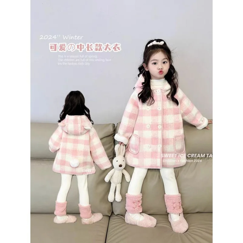 Girls' Spring Autumn Winter New Woolen Warm Korean Style Fashionable Hooded Mid-Length Coat