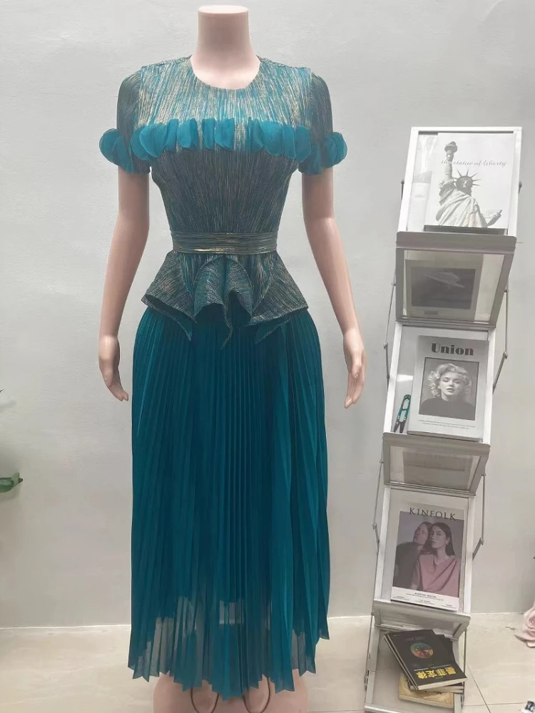 2025 여름 신상 미야케 플리츠 수트 솔리드 컬러 탑 + 롱 스커트 투피스 세트 루즈핏 여성 의류