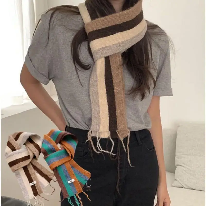 

Korean Women Winter Scarf Warm Thicken Cashmere Knitted Scarf Outdoor Fashion Striped Tassels Shawl Lady Wrap Windproof Scarves