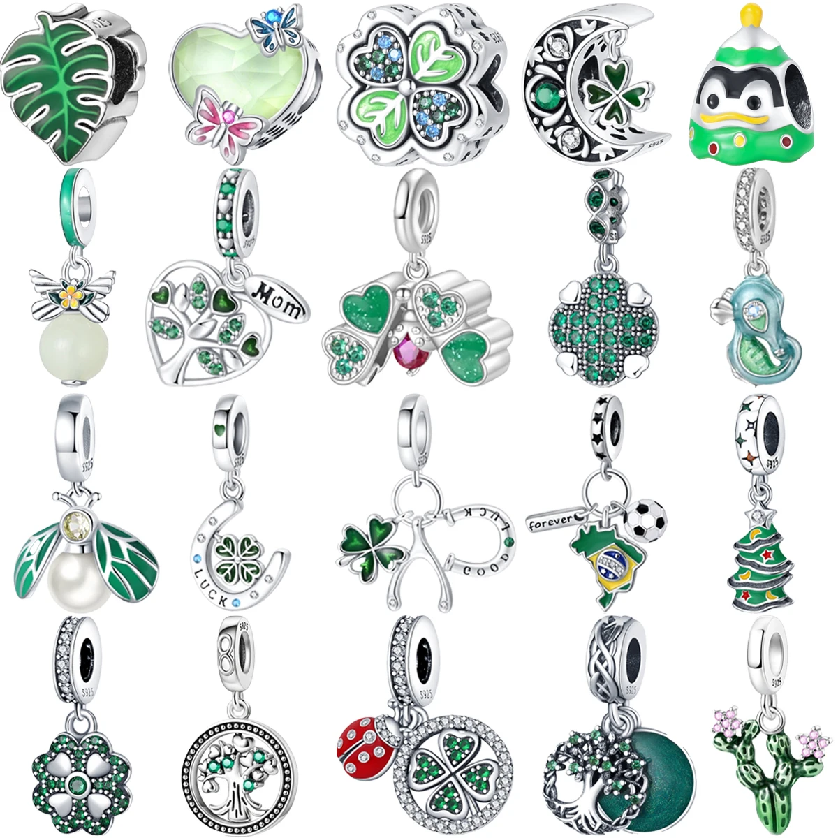 

Original 925 Sterling Silver Green Clover Tree of Life Cactus Leaf Moon Charm Beads for Pandora DIY Bracelet Ladies Jewelry Gift