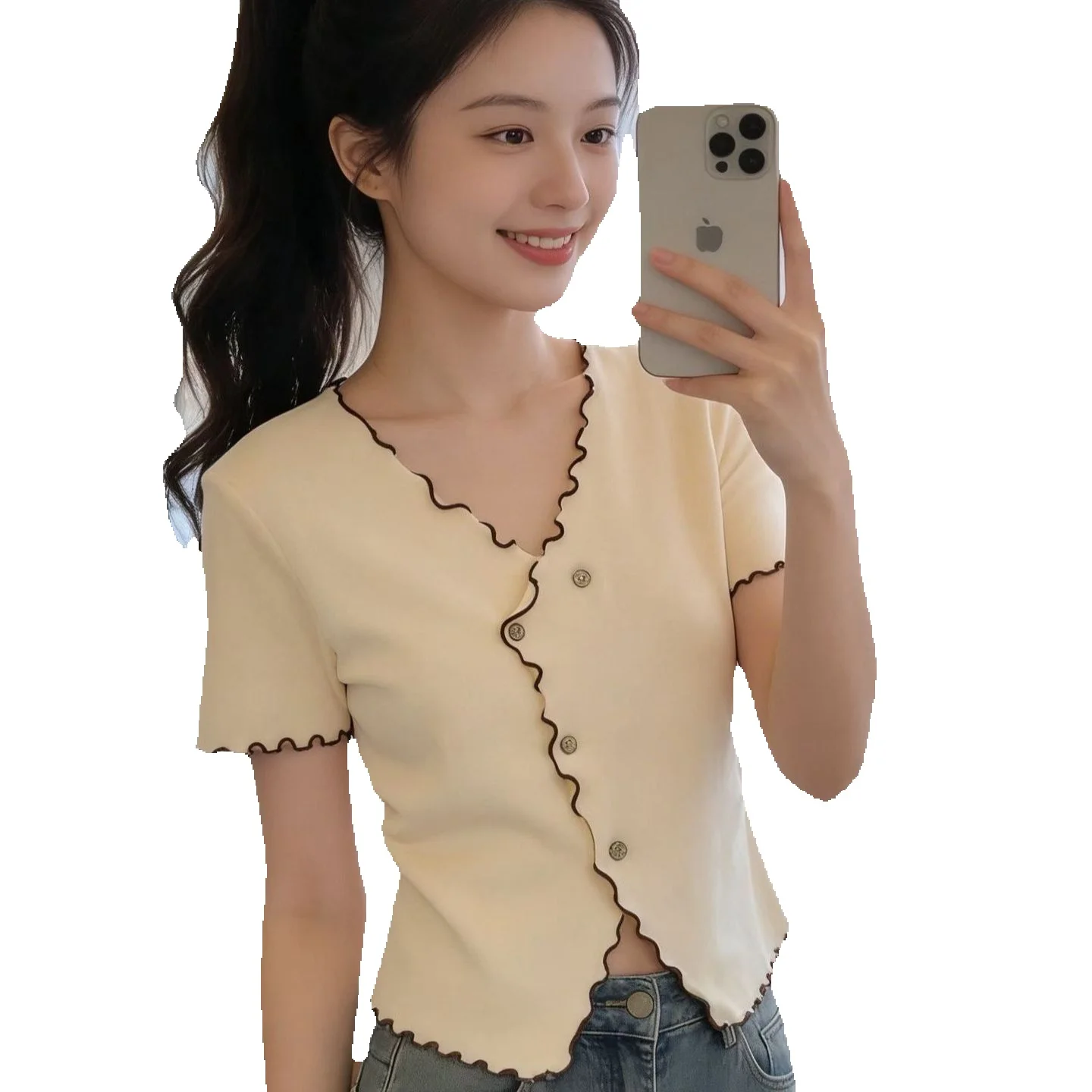 Ladies Short Sleeve Ribbed Knit Top Apricot V Neck Scallop Edge Contrast Trim Button Front Slim Waist Cropped Summer Blouse