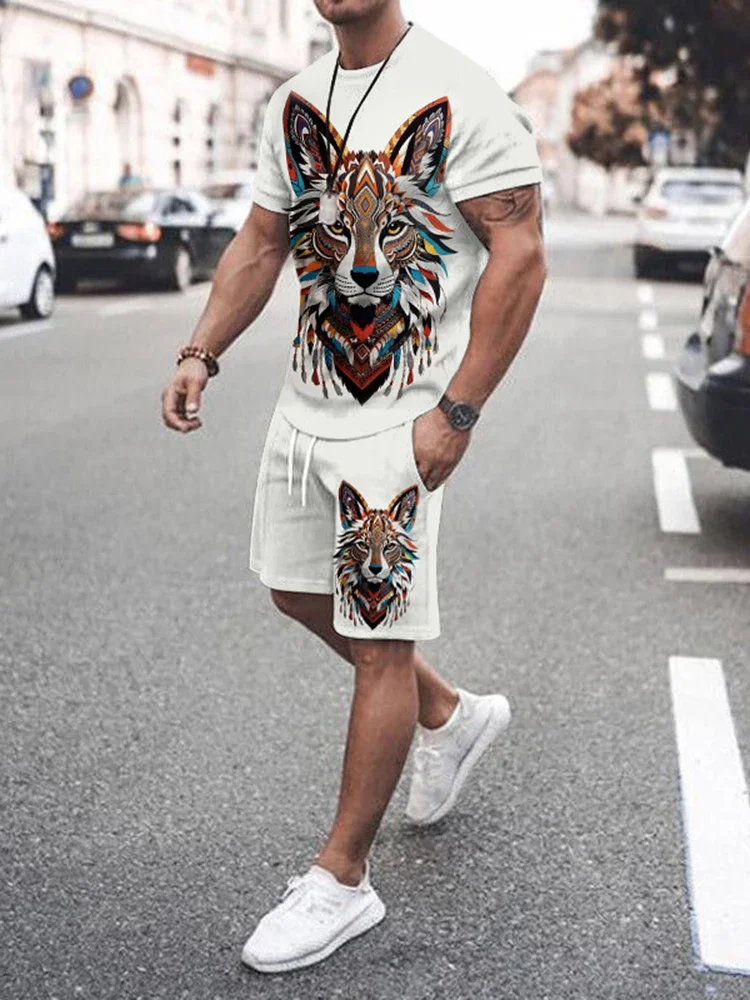 2024 personality summer new men's sports suit trend men's short-sleeved T-shirt casual outdoor comfortable shorts animal print