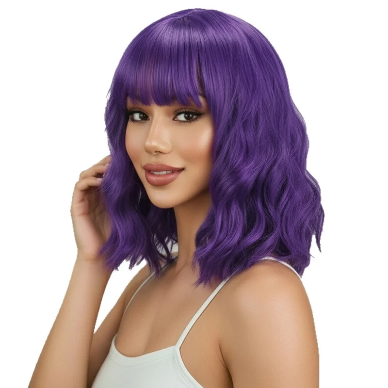 Music Festival Purple Straight Bangs Bob Short Curly Hair Corn Perm Shoulder-Length Cosplay Synthetic Wig Women's Hairstyle Hall - view 5