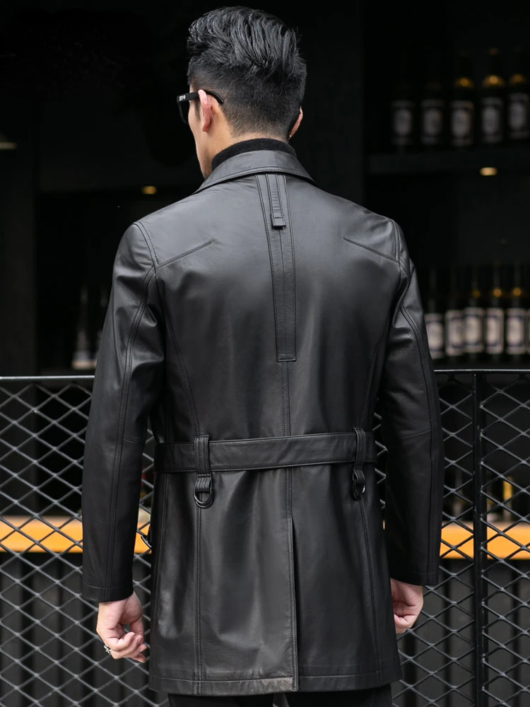 New Men's Mid-Length First Layer Cowhide Trench Coat Genuine Leather Single Breasted Black Business Casual Jacket plus Size 6XL