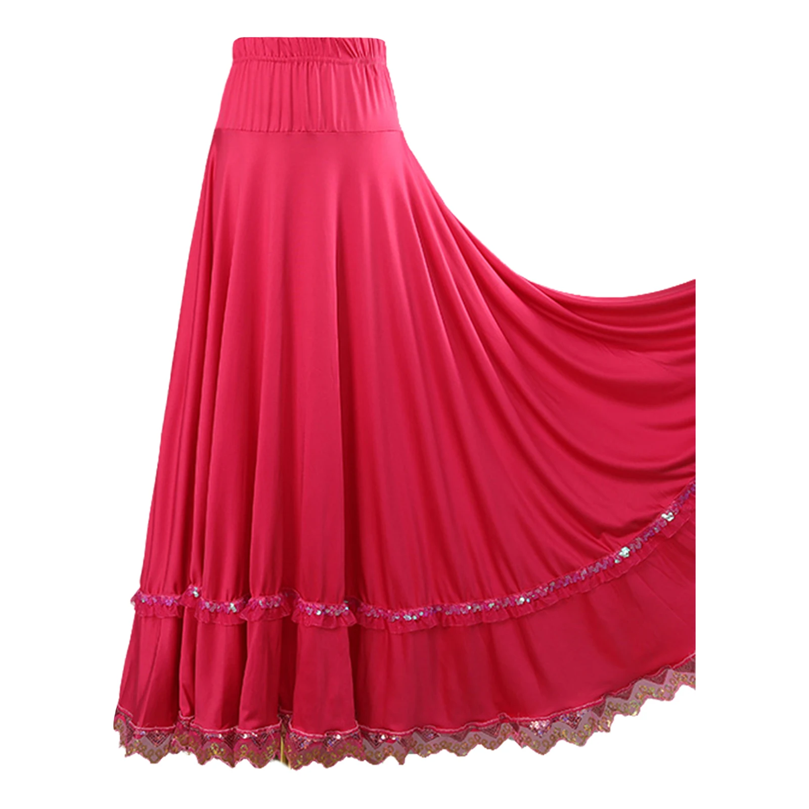 Womens Full Circle Long Skirt Elastic High Waist Ruffled Lace Trim Dance Skirt for Square Dance Ballroom Ethnic Dance Flamenco