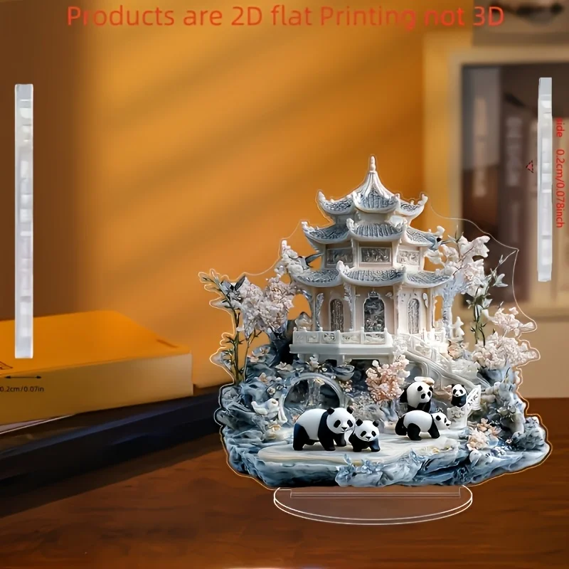 2D Flat Plane Panda Garden Acrylic Desktop Decoration - Elegant Panda And Pagoda Scenery Design, Multifunctional Home Birthday,