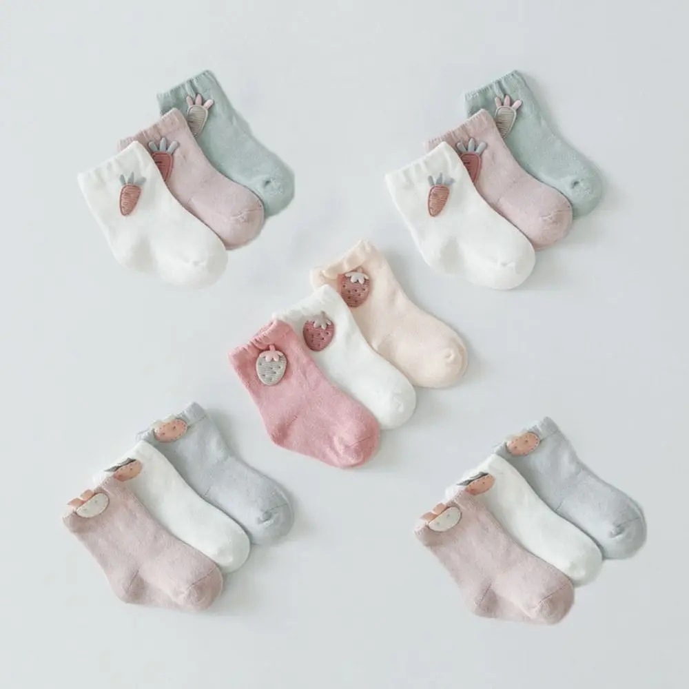

3Pairs Kawaii Rabbit Baby Cotton Socks Radish Strawberry Toddle Short Tube Socks Breathable Cute Newborn Cartoon Socks Autumn