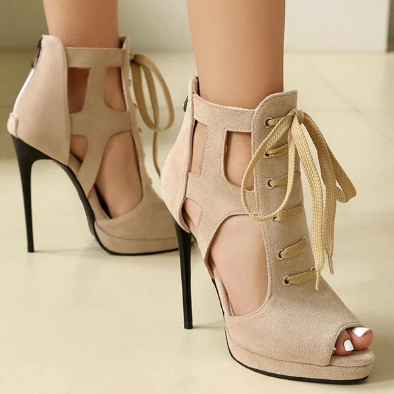 Fashion Short Ankle Boots Female Summer Shoes Flock Sexy Shallow Sandals Woman Party Dance Shoes Red Apricot Black Large Size 46