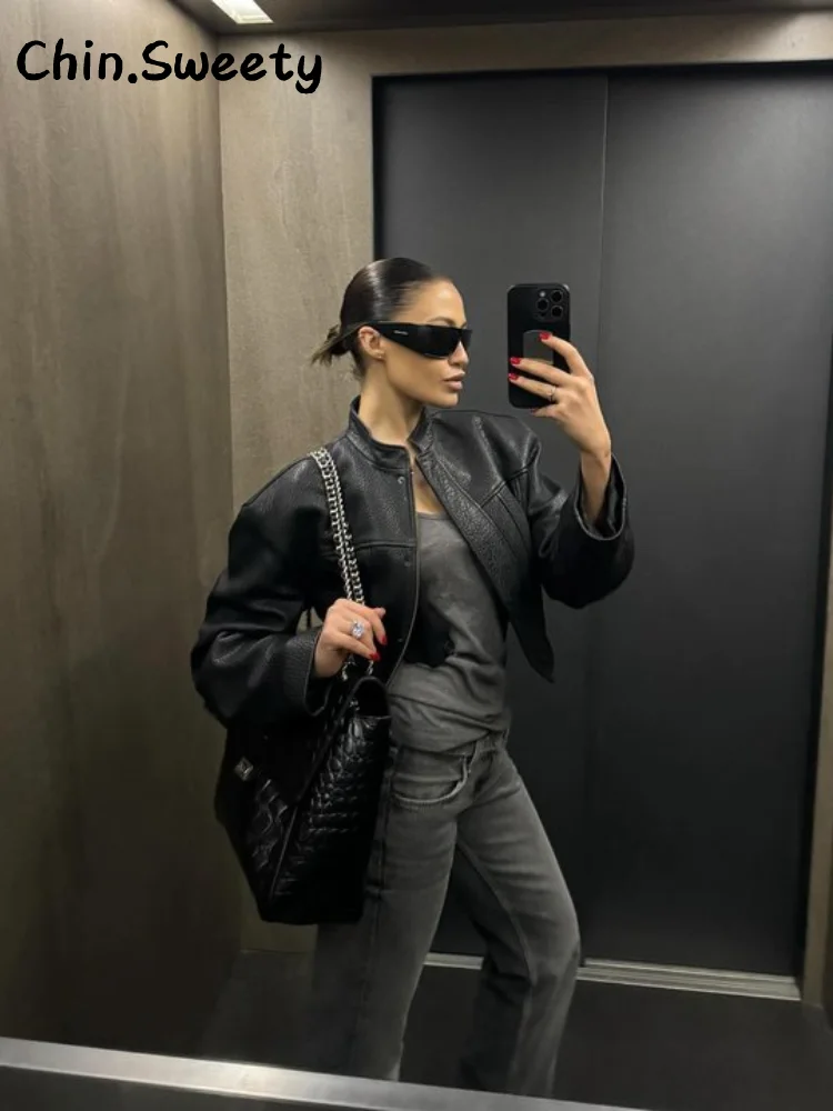 

Street Single Breasted Leather Jacket Women Solid Stand Collar Long Sleeve Zipper Coat 2025 Autumn Lady Street Commute Outwears