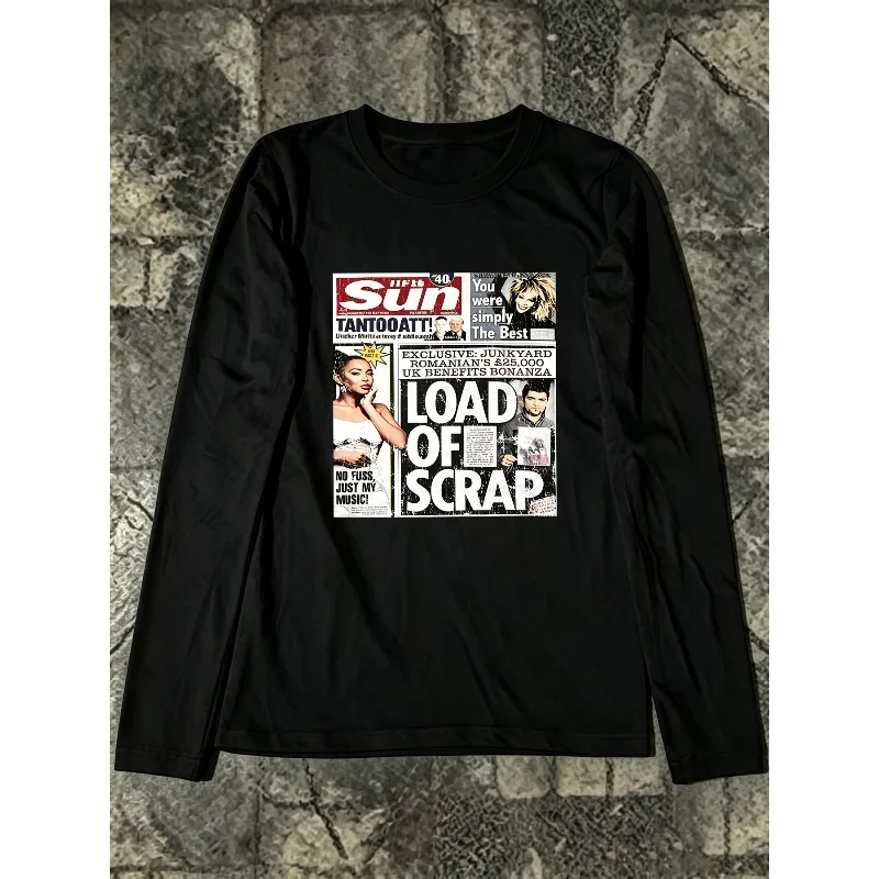 Vintage Newspaper Collage Portrait Long Sleeved T-shirt Y2K Suitable for Both Men and Women, High Street Long Sleeved T-shirt