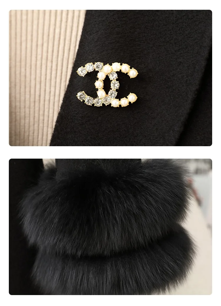 뜨거운 판매 가을 겨울 여성 진짜 모피 코트 캐시미어 울 혼합 여우 모피 커프스 고품질 숙녀 슬림 오버 코트