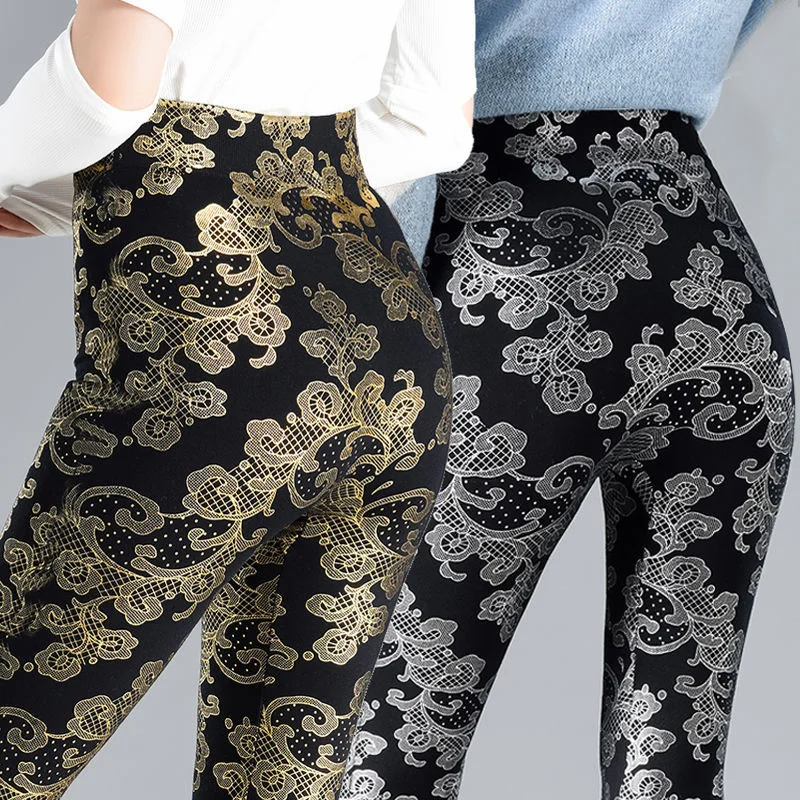 

Autumn Winter Sequin Floral Women's Glitter Warm Velvet Leggings Pants High Waist Elastic Black Bottoms Pencil Trousers